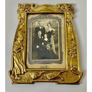 European Style Art Nouveau Brass Metal Frame‎ Vintage Girl Geese Floral Accents